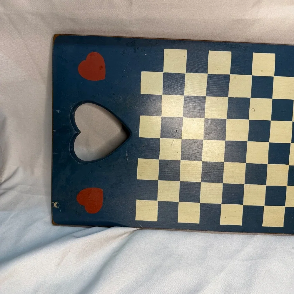 Vintage Wooden Checkerboard Serving Tray Heart Cutout Handles Navy granny core